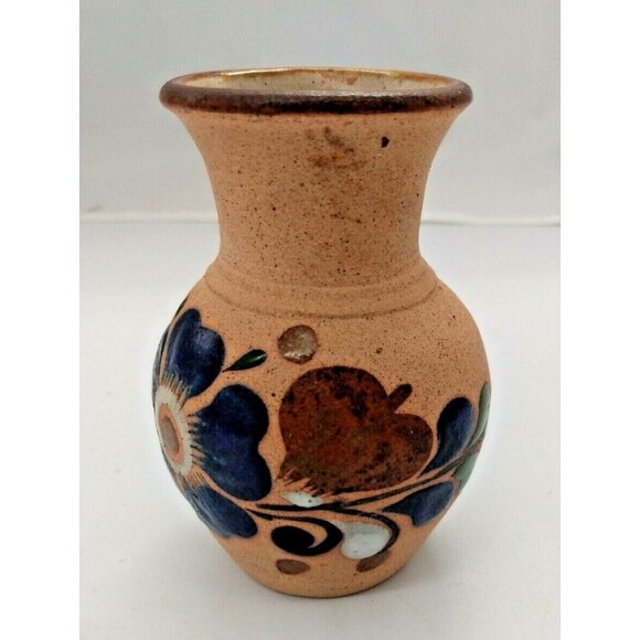 Vintage MEXICAN Tonala CLAY VASE Hand Painted 4 1/2" x 3" - Picture 2 of 7